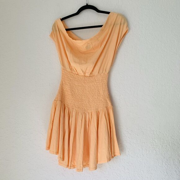 Free People Mini Dress M Apricot Orange Pastel Off Shoulder Smocked Beach Boho - Picture 4 of 10